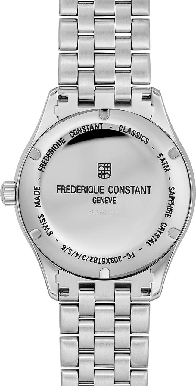 Back of a silver Frederique Constant wristwatch with a metal link bracelet.