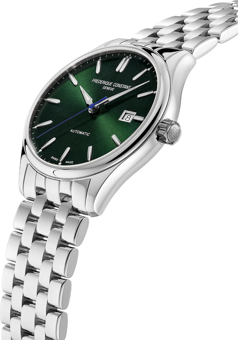 Elegant wristwatch with a green dial and silver metal bracelet.