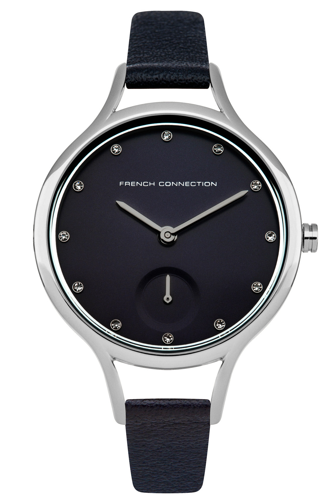 French Connection 32mm Black Dial with Diamond Indexes Black Leather Strap Watch