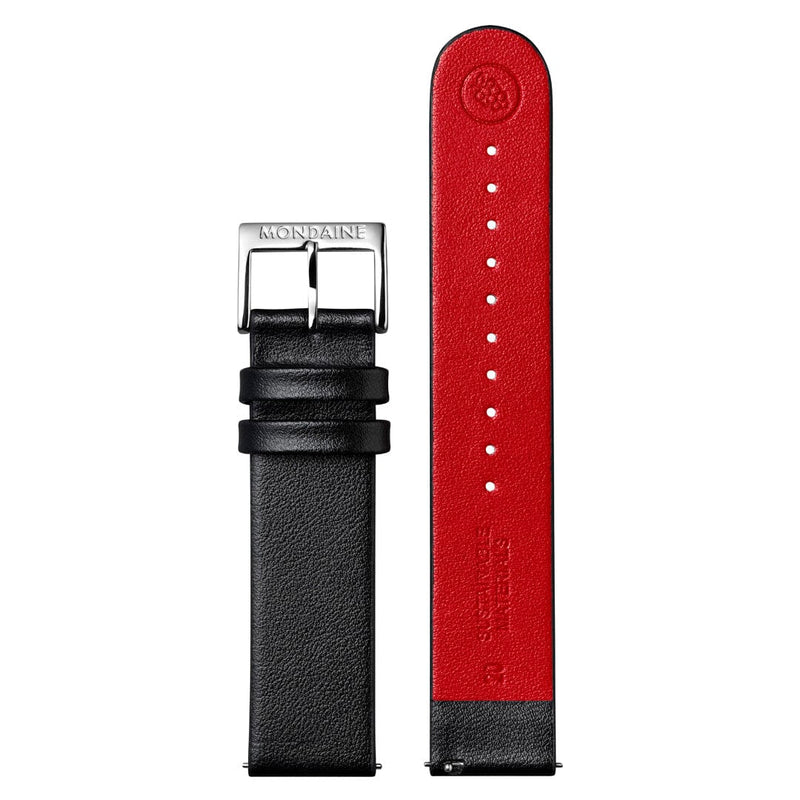 Watch strap with black leather exterior and red interior lining.