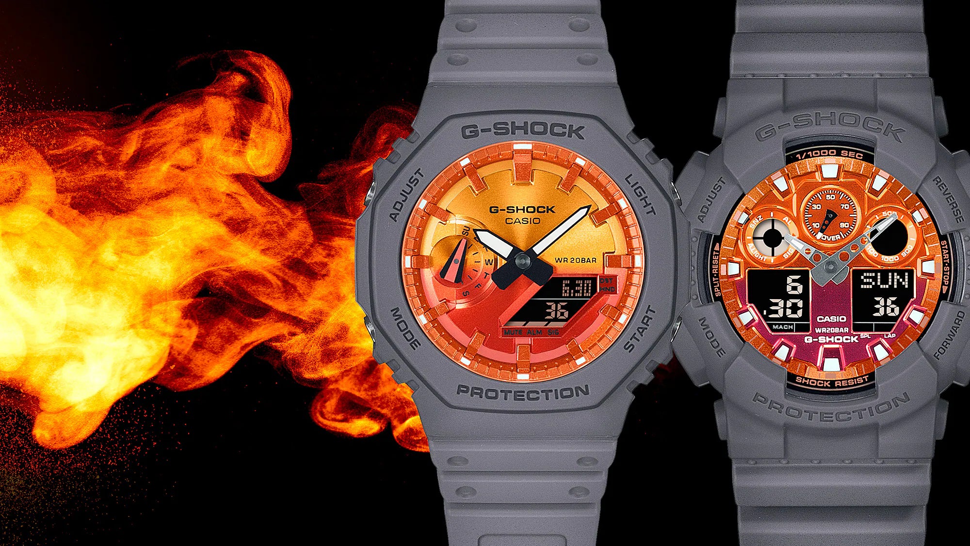 G-Shock Digital Grey Resin Band Orange and Red Dial Watch GA2100FL-8A