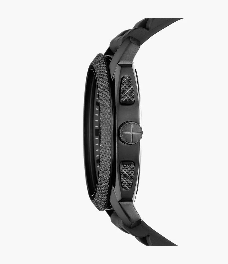 Sleek black digital wristwatch with a textured bezel and side buttons.