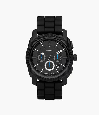 Black Fossil chronograph wristwatch with a silicone band.