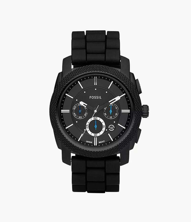 Black Fossil chronograph wristwatch with a silicone band.