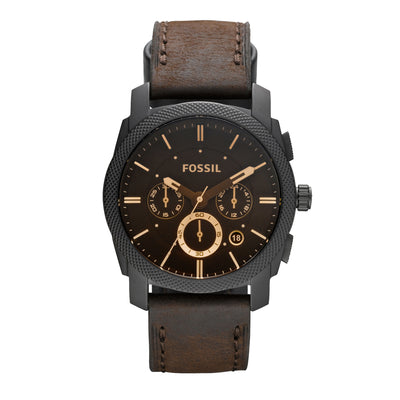 Fossil Machine 中号棕色皮革计时手表 FS4656