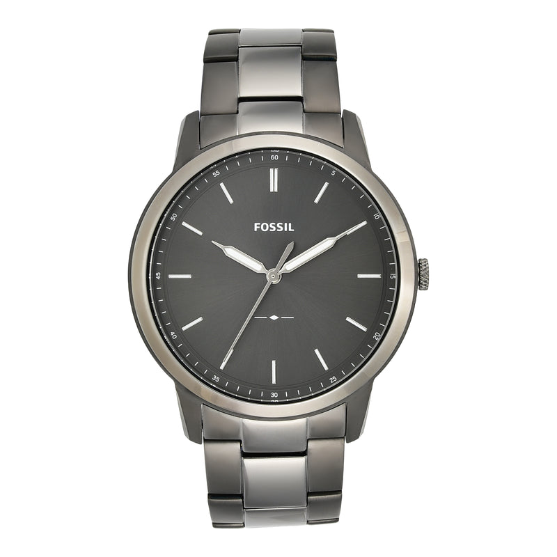 Sleek stainless steel Fossil wristwatch with a dark gray dial and minimalist design.