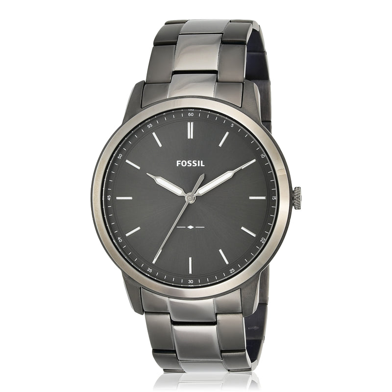 Sleek stainless steel Fossil wristwatch with a dark gray dial and minimalist design.