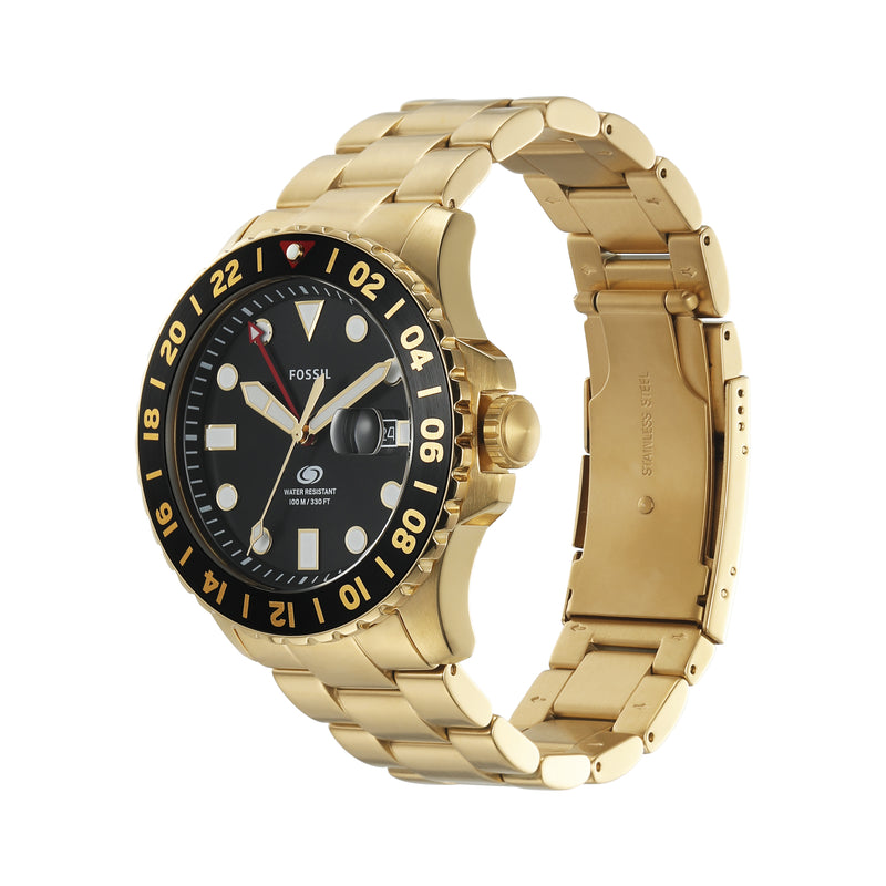 Fossil Blue GMT Black Dial Gold Stainless Steel Men's Watch FS5990