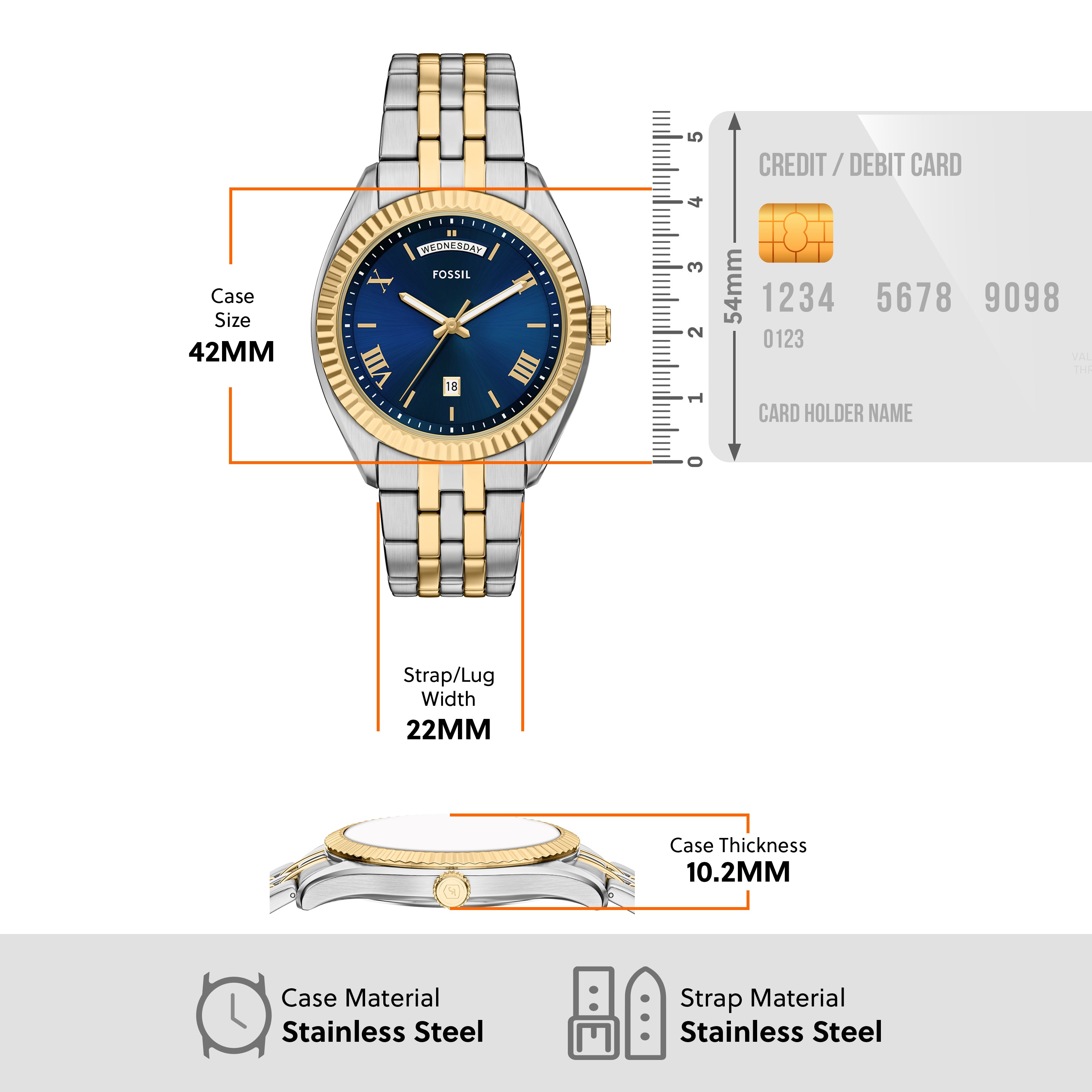 Fossil Three Hand Two Tone Stainless Steel Blue Dial Watch FS6141