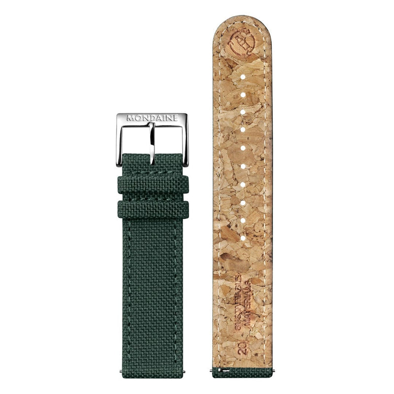 Watch strap with a green fabric band and a cork-like inner lining.