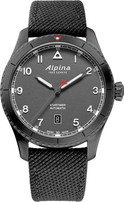 Black wristwatch with a gray dial and fabric strap displaying the Alpina brand.