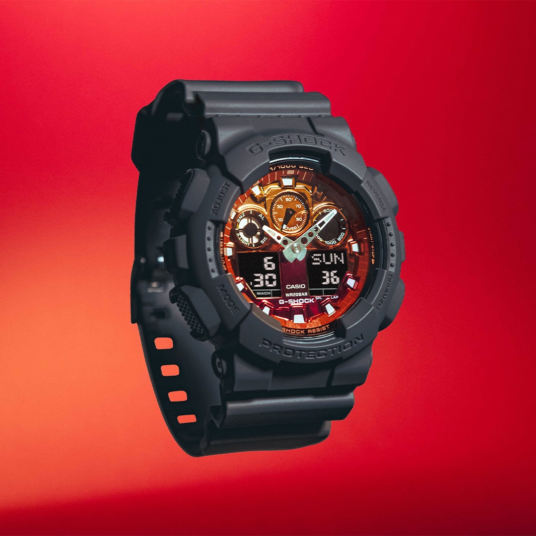 G-Shock Analog Digital Orange Dial Black Resin Band Watch GA100FL-8A