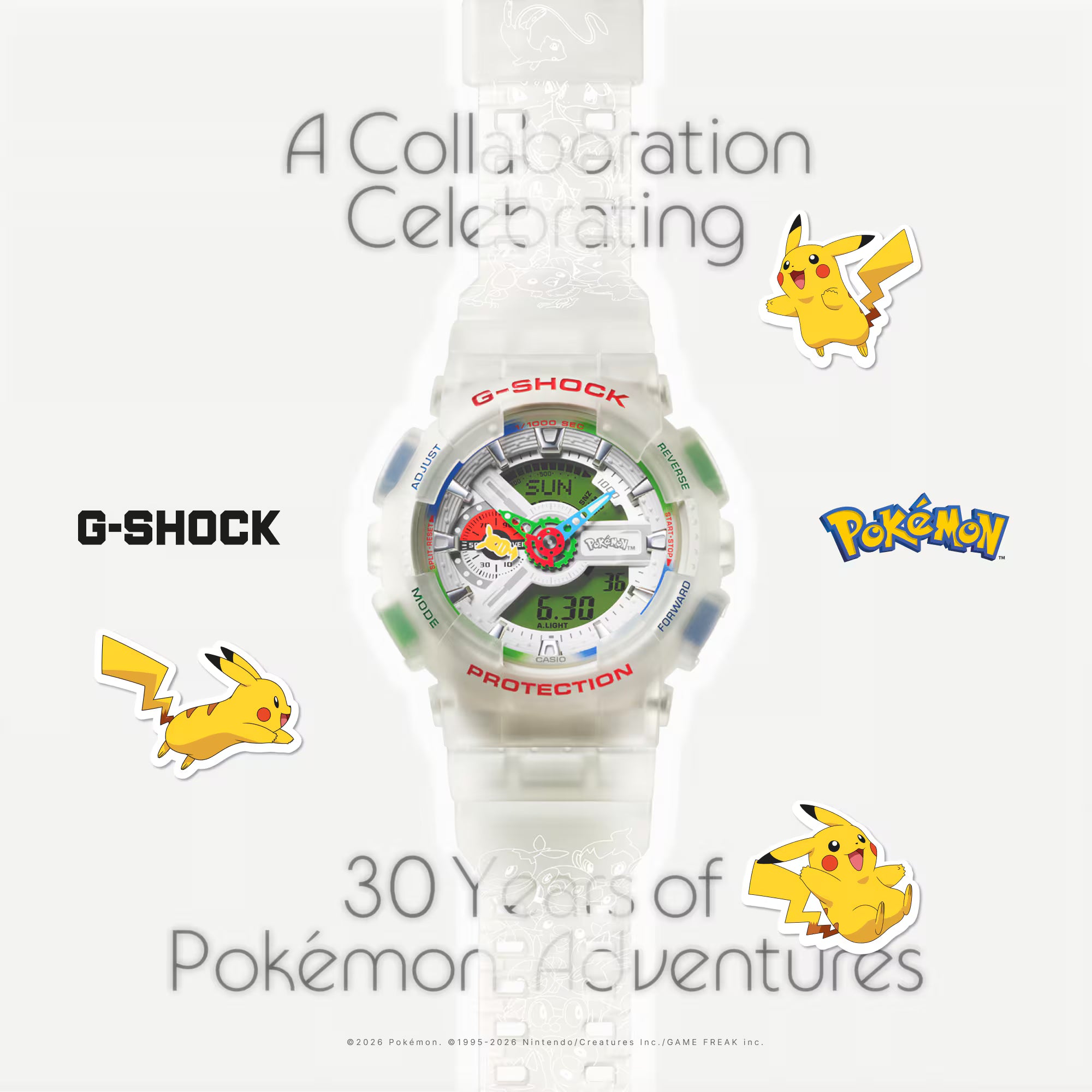 G-Shock x Pokémon 30th Anniversary GA110PKM-7A key visual with Pikachu and Poké Ball