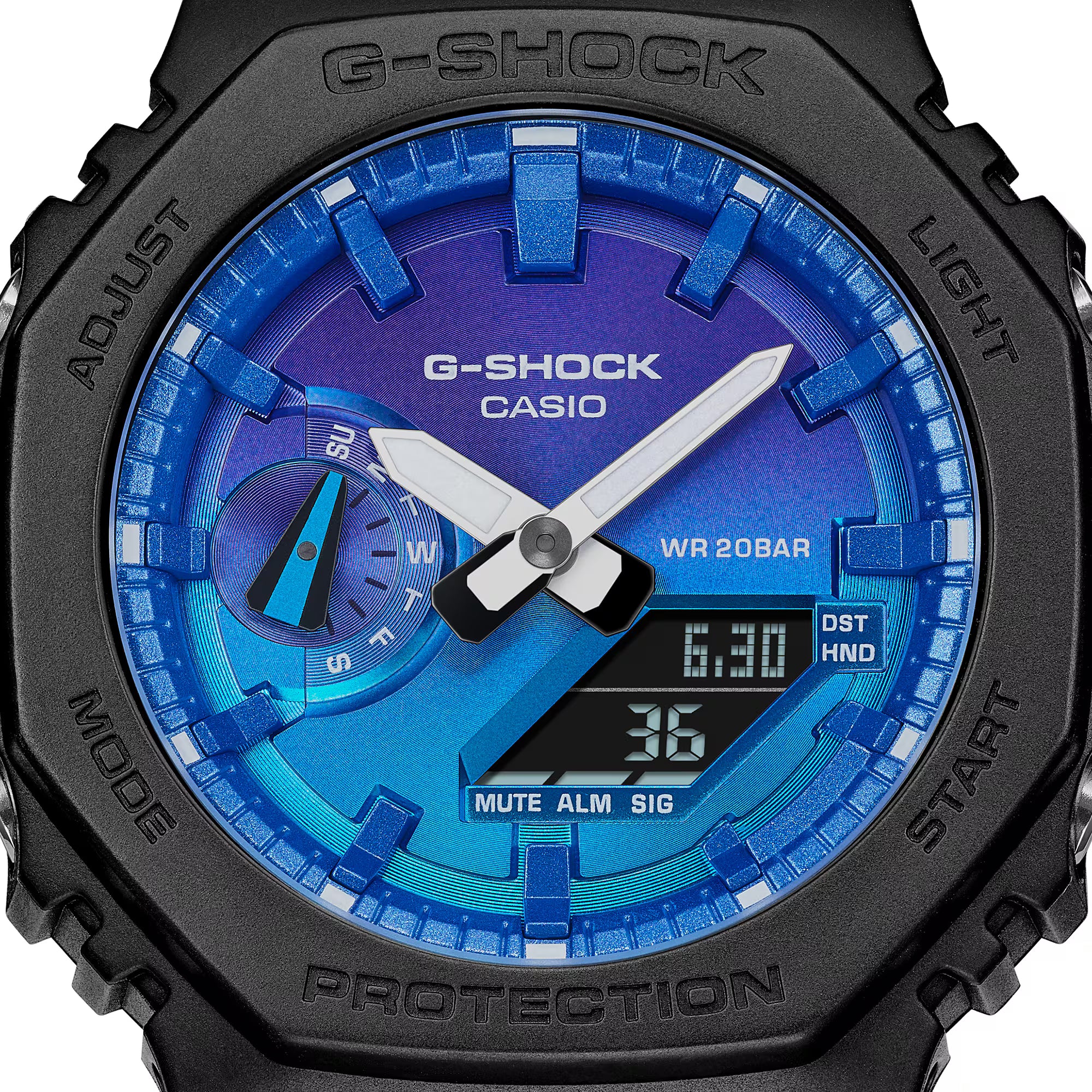 G-Shock Digital Black Resin Band Blue and Purple Dial Watch GA2100FL-1A