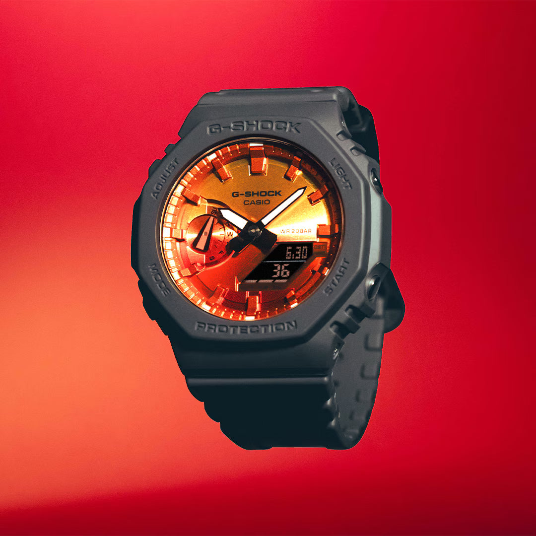 G-Shock Digital Grey Resin Band Orange and Red Dial Watch GA2100FL-8A