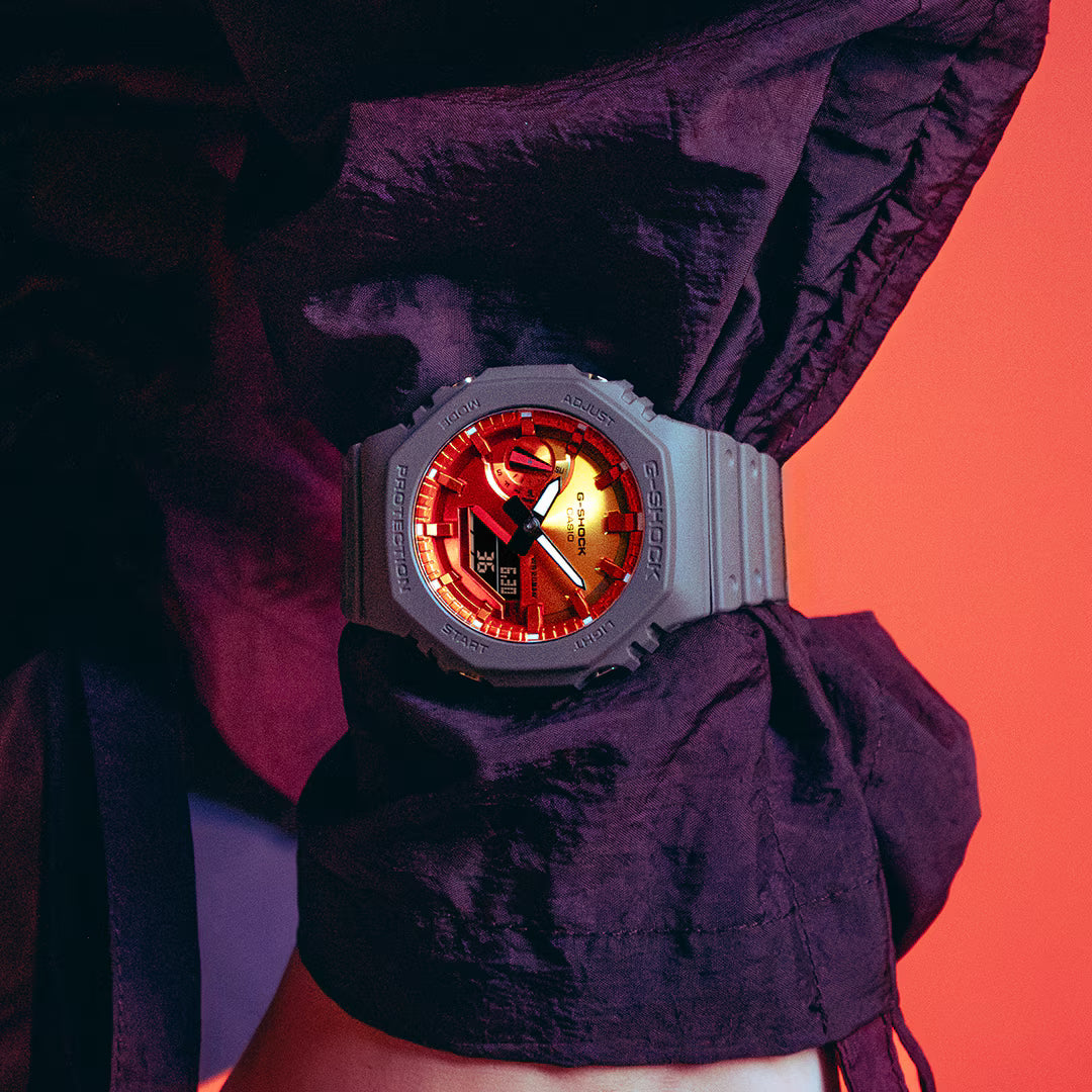 G-Shock Digital Grey Resin Band Orange and Red Dial Watch GA2100FL-8A