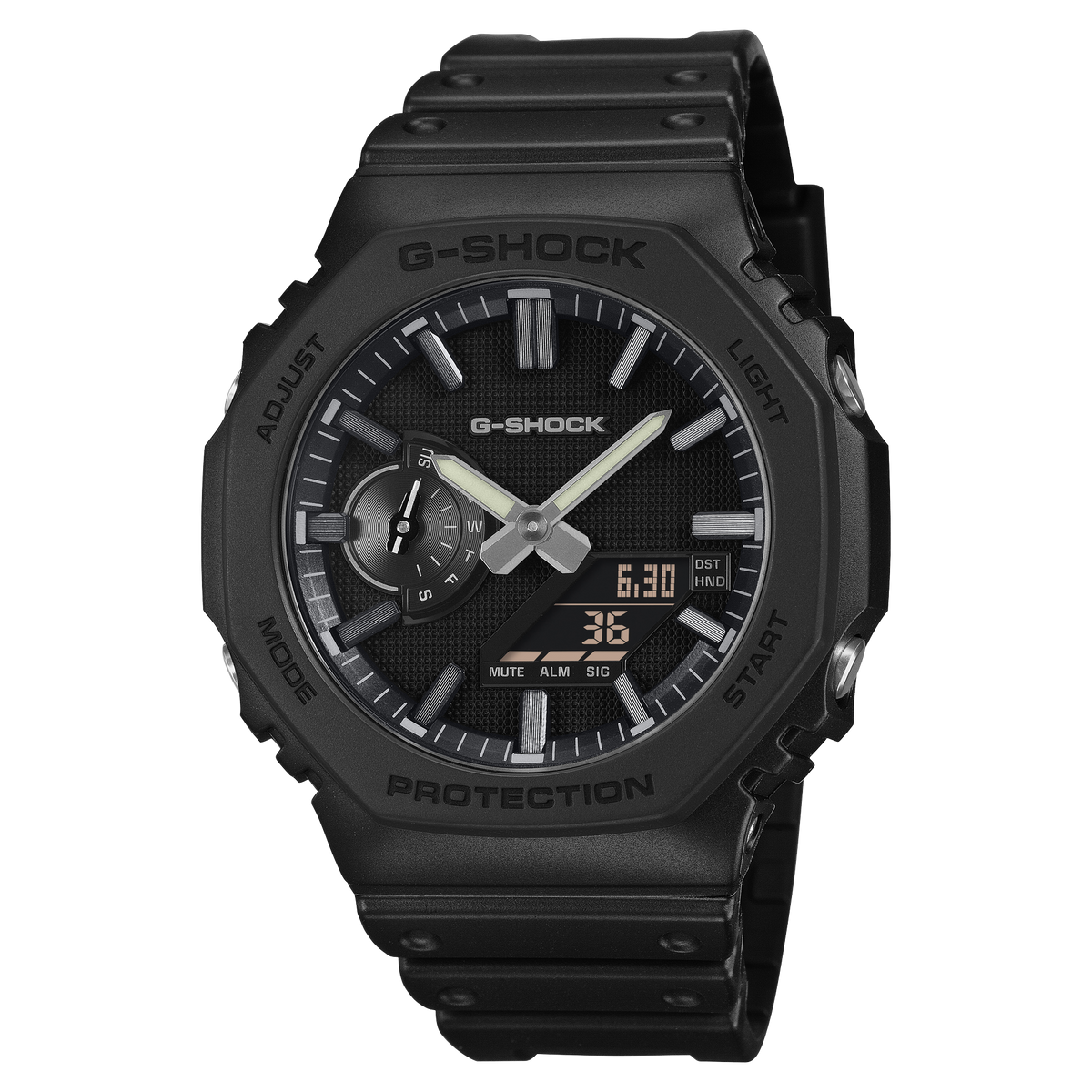 G-Shock CasiOak Luxe wristwatch with a black octagonal bezel and black resin band.