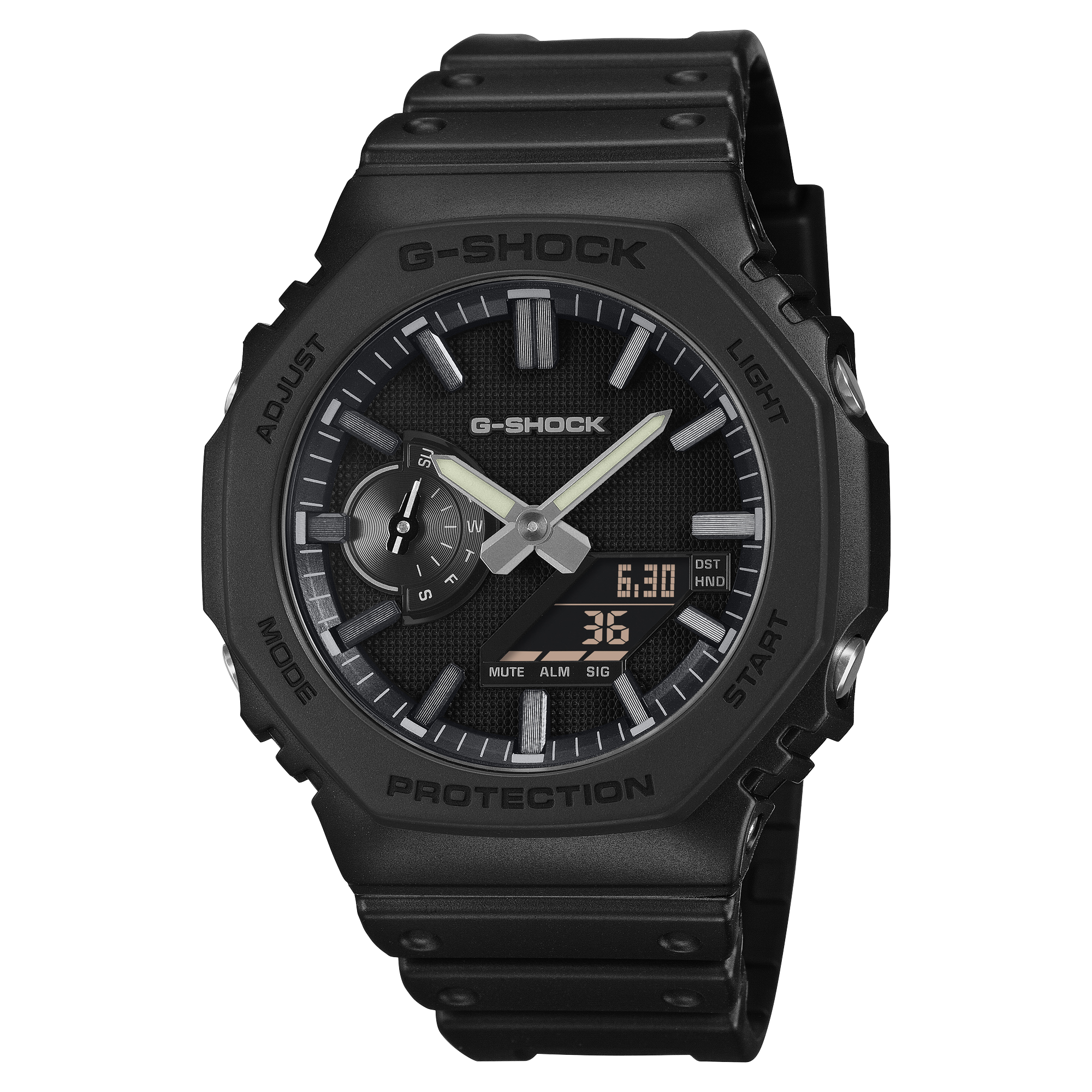 G-Shock CasiOak Luxe wristwatch with a black octagonal bezel and black resin band.