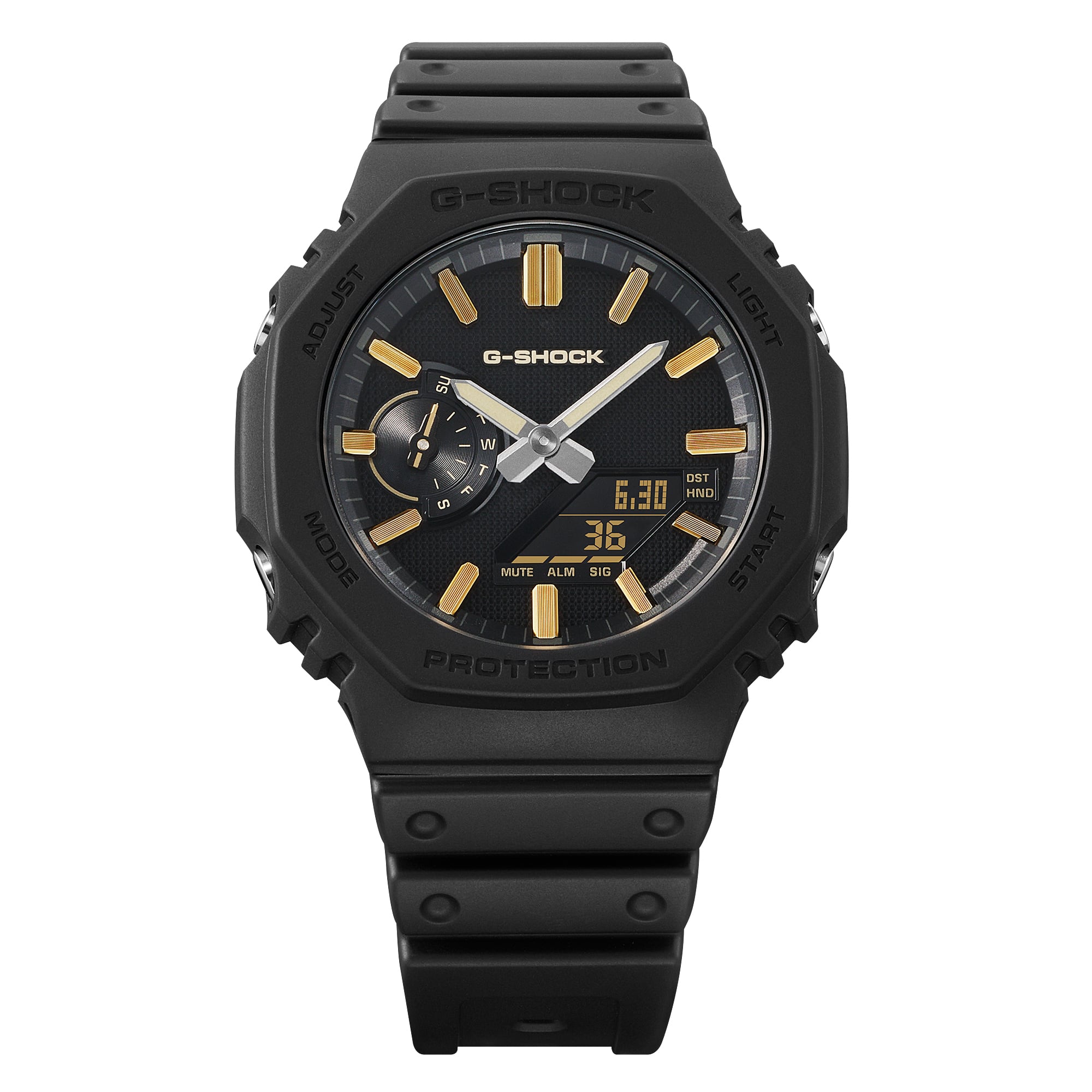 Front view of the G-Shock GA2100LXB-1A9 black dial with gold markers.