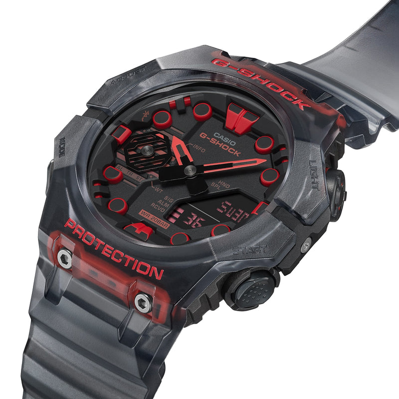 Rugged digital wristwatch with red accents and a black body.