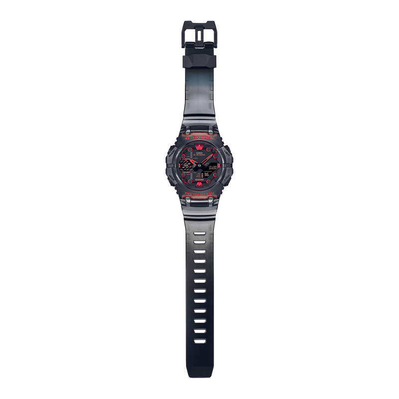 Rugged digital wristwatch with a black band and red accents on the face.