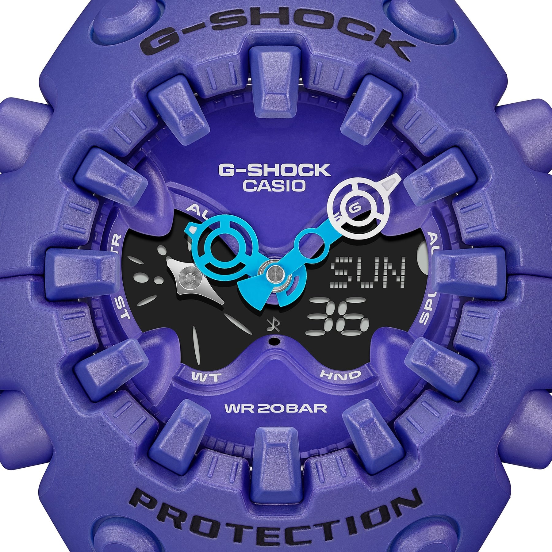 Close-up of Casio G-Shock Ultimate Toughness Purple Watch GAV01-2A with bold analog-digital face design.