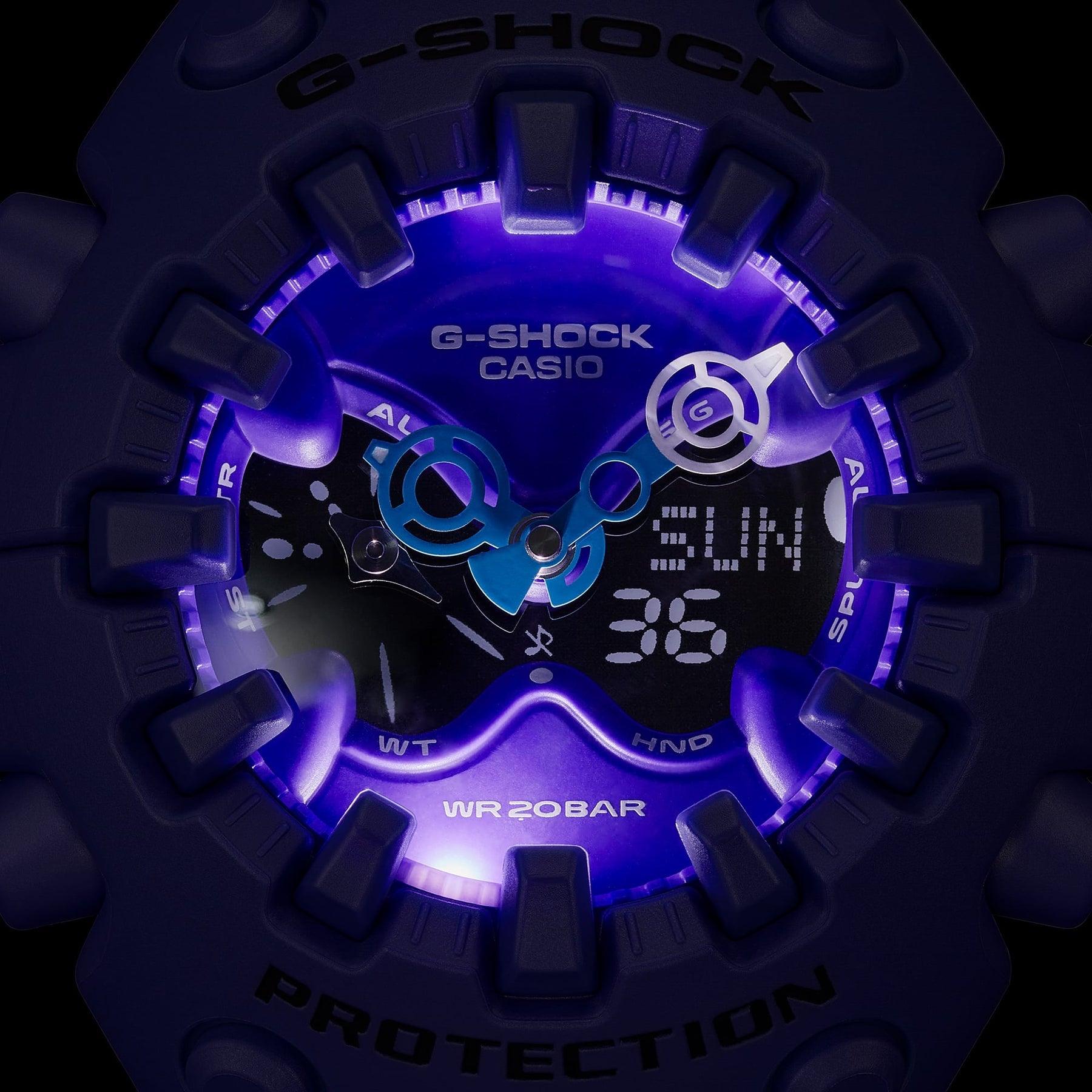Illuminated dial of the G-Shock Ultimate Toughness Purple Watch GAV01-2A by Casio showing bold, rugged design.