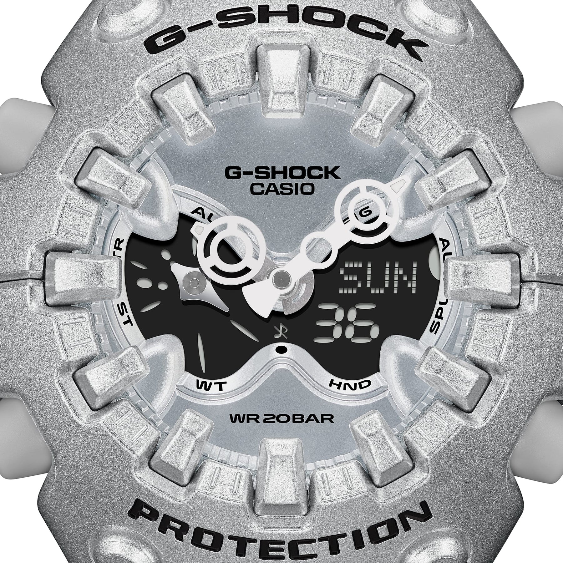 Close-up of the G-Shock Ultimate Toughness Silver Watch GAV01A-8A with bold dial design by Casio.