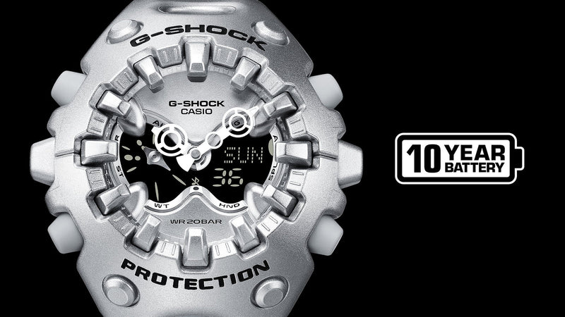 Close-up of Casio G-Shock Ultimate Toughness Silver Watch GAV01A-8A featuring bold design and 10-year battery.