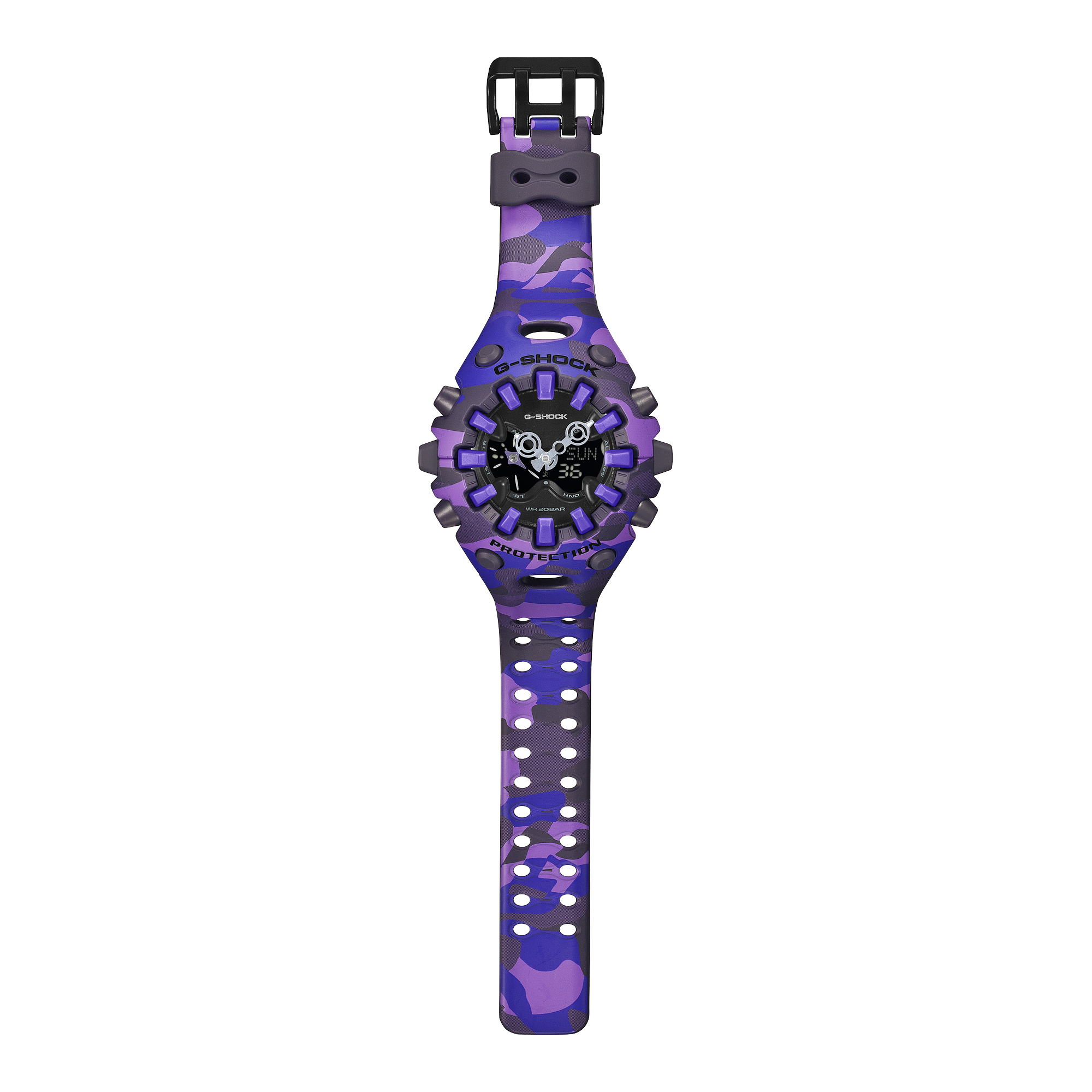 Angled view of the G-Shock GAV01CMG-6A wide purple camouflage case.