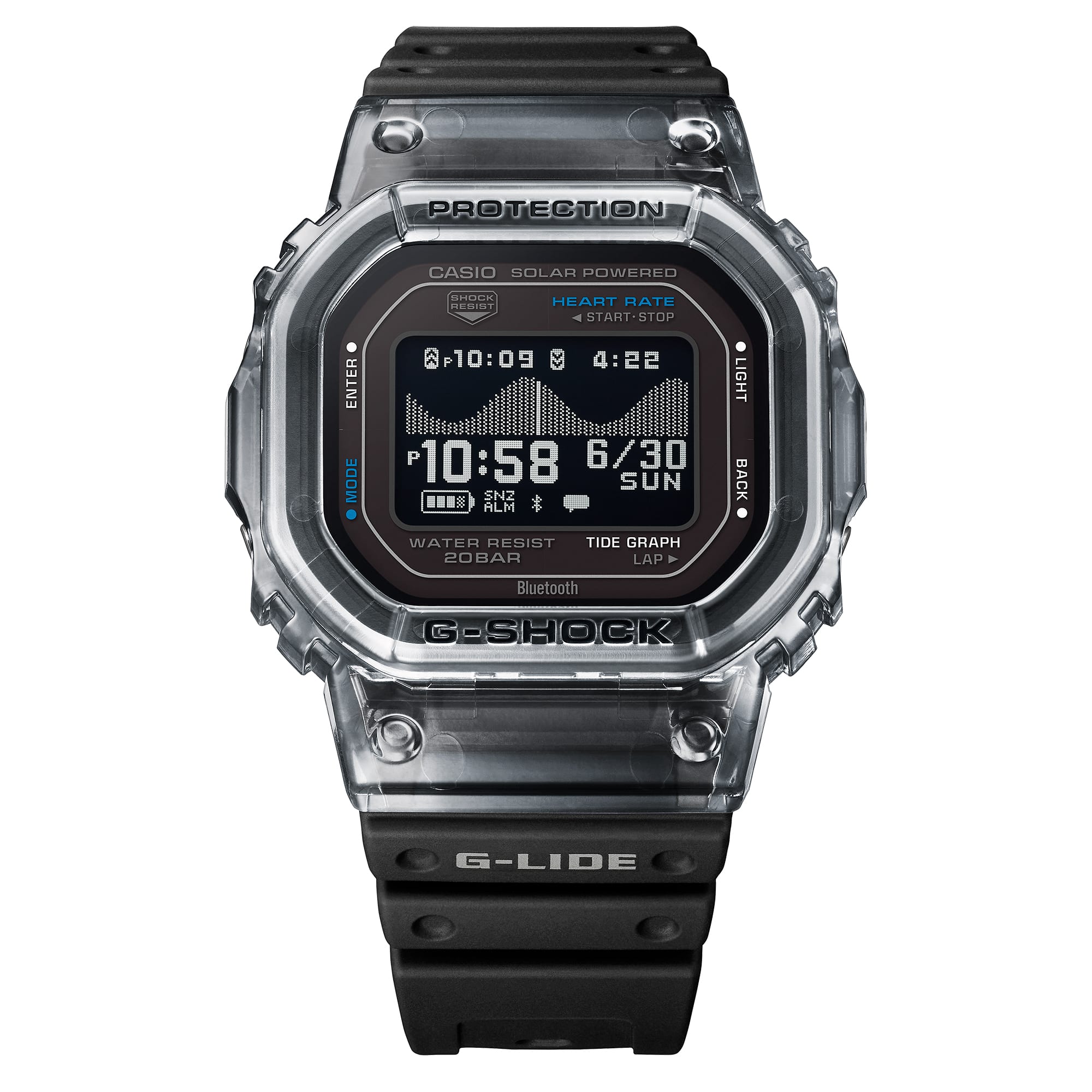 Front view of the G-Shock GBXH5600-1D MIP LCD digital display.
