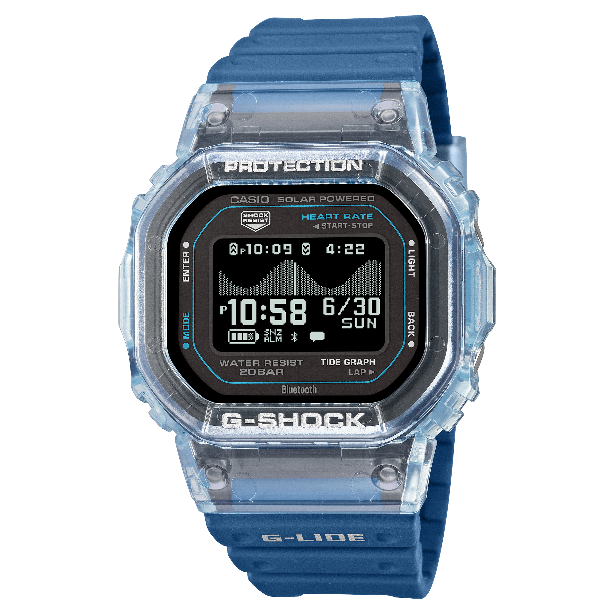 G-Shock G-LIDE wristwatch with a clear translucent case and blue resin band.