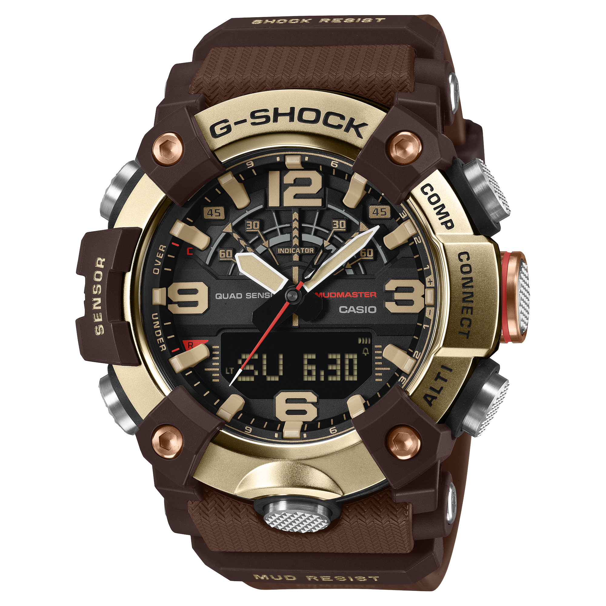 G-Shock Mudmaster GGB100XMH-5A with light gold ion-plated bezel and dark brown resin band