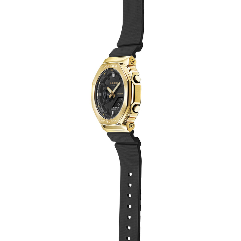 Gold-toned wristwatch with a black face and strap.