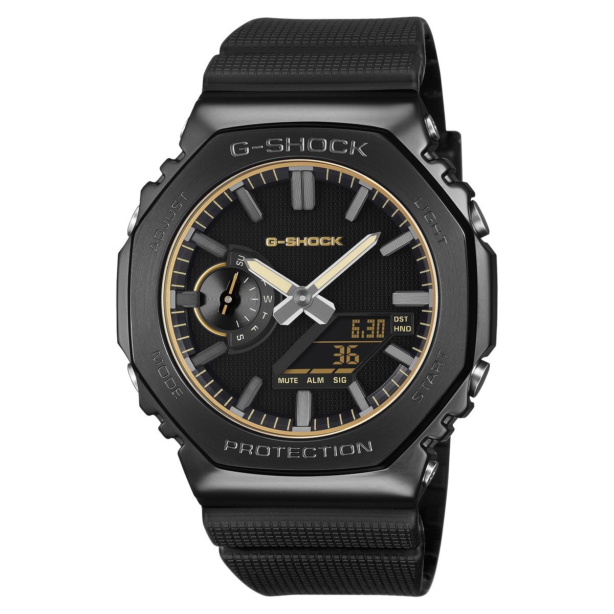 G-Shock CasiOak Luxe wristwatch with a black metal bezel and gold dial accents.