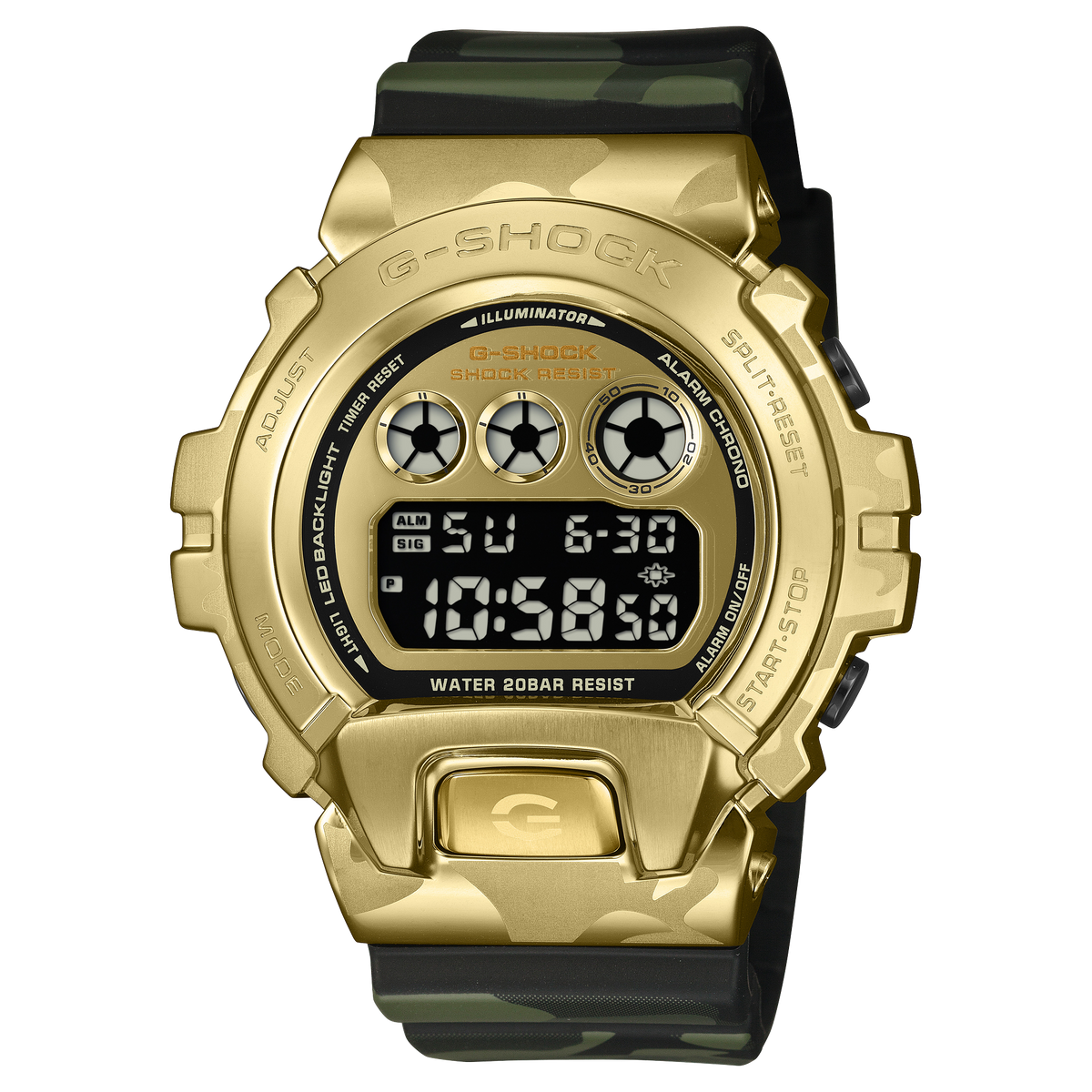 G-Shock wristwatch with a gold metal bezel and black and gold camouflage resin band.