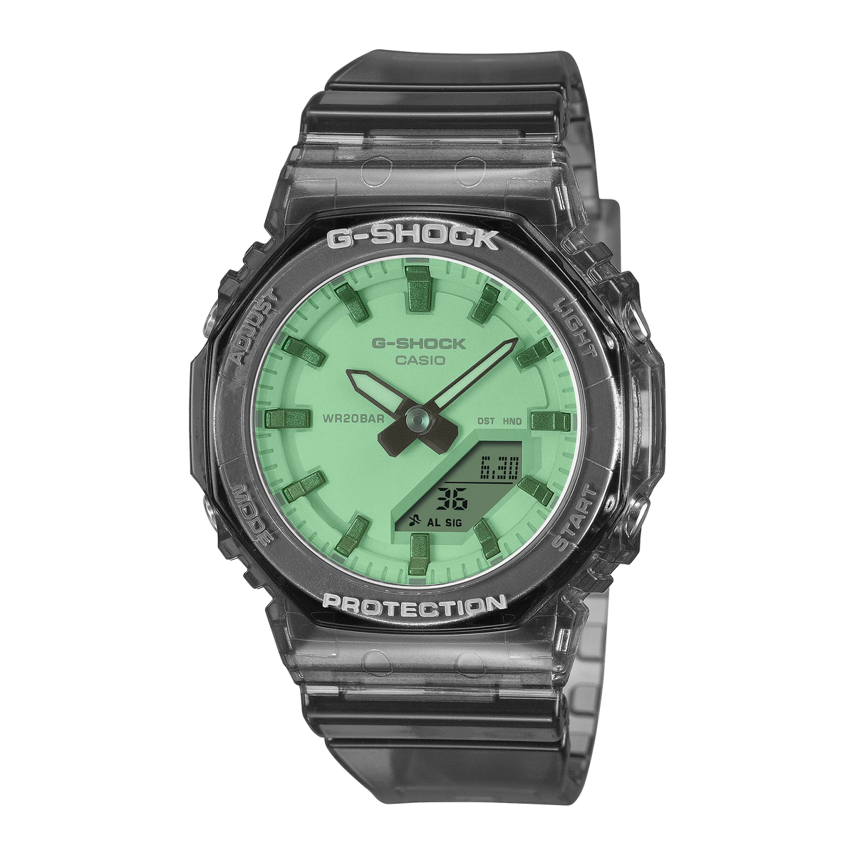 G-Shock Slim CasiOak Digital Transparent Black Green Dial Watch GMAP2100SR-1A