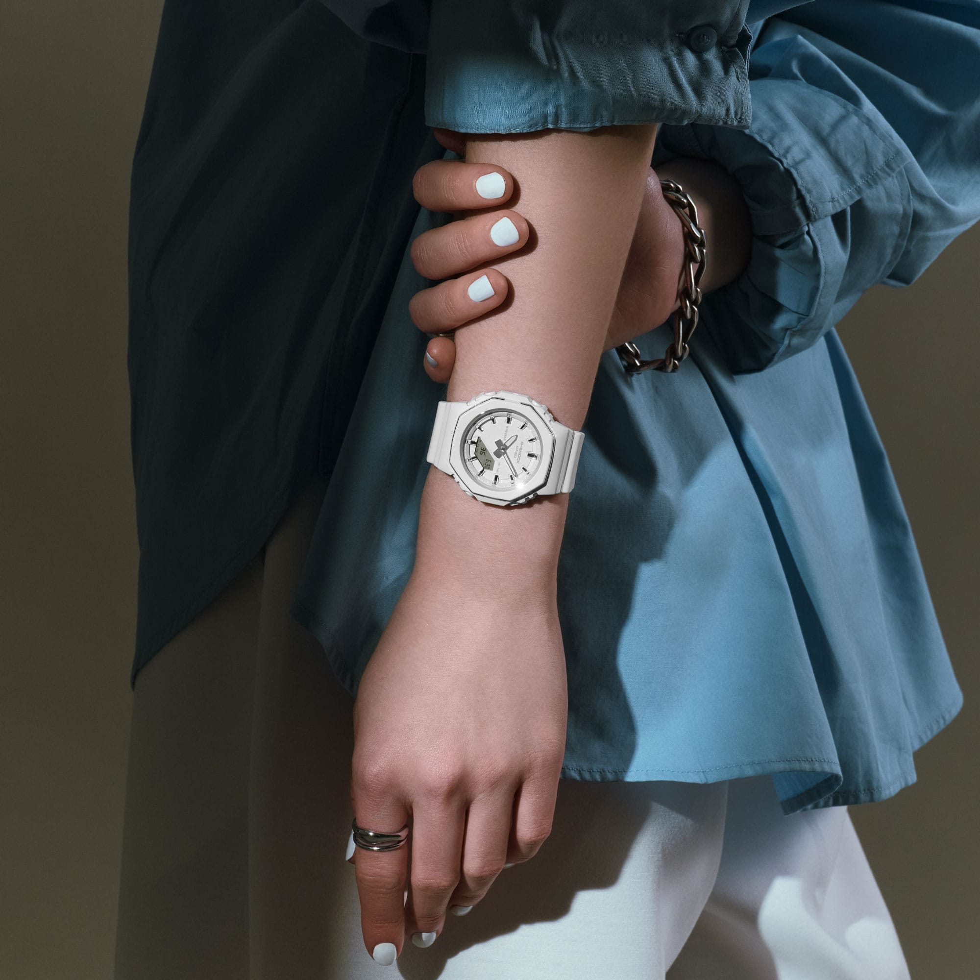 G-Shock Analog Digital Duo Metallic Bezel White Resin Band Watch GMAP2110-7A