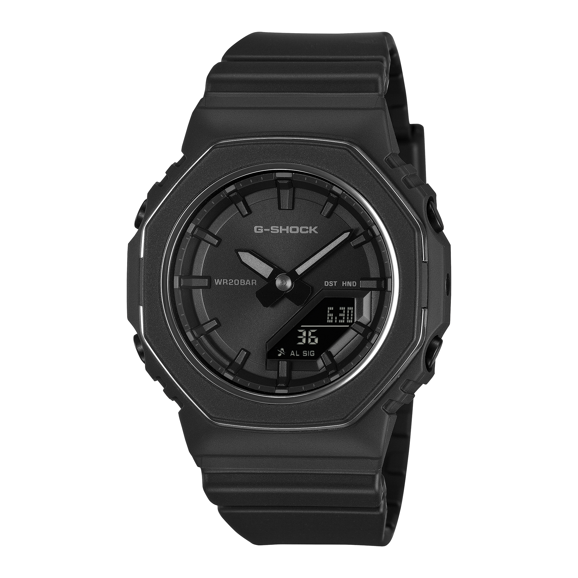 G-Shock GMAP2110B-1A all-black analogue-digital watch with metallic bezel rings and black resin band