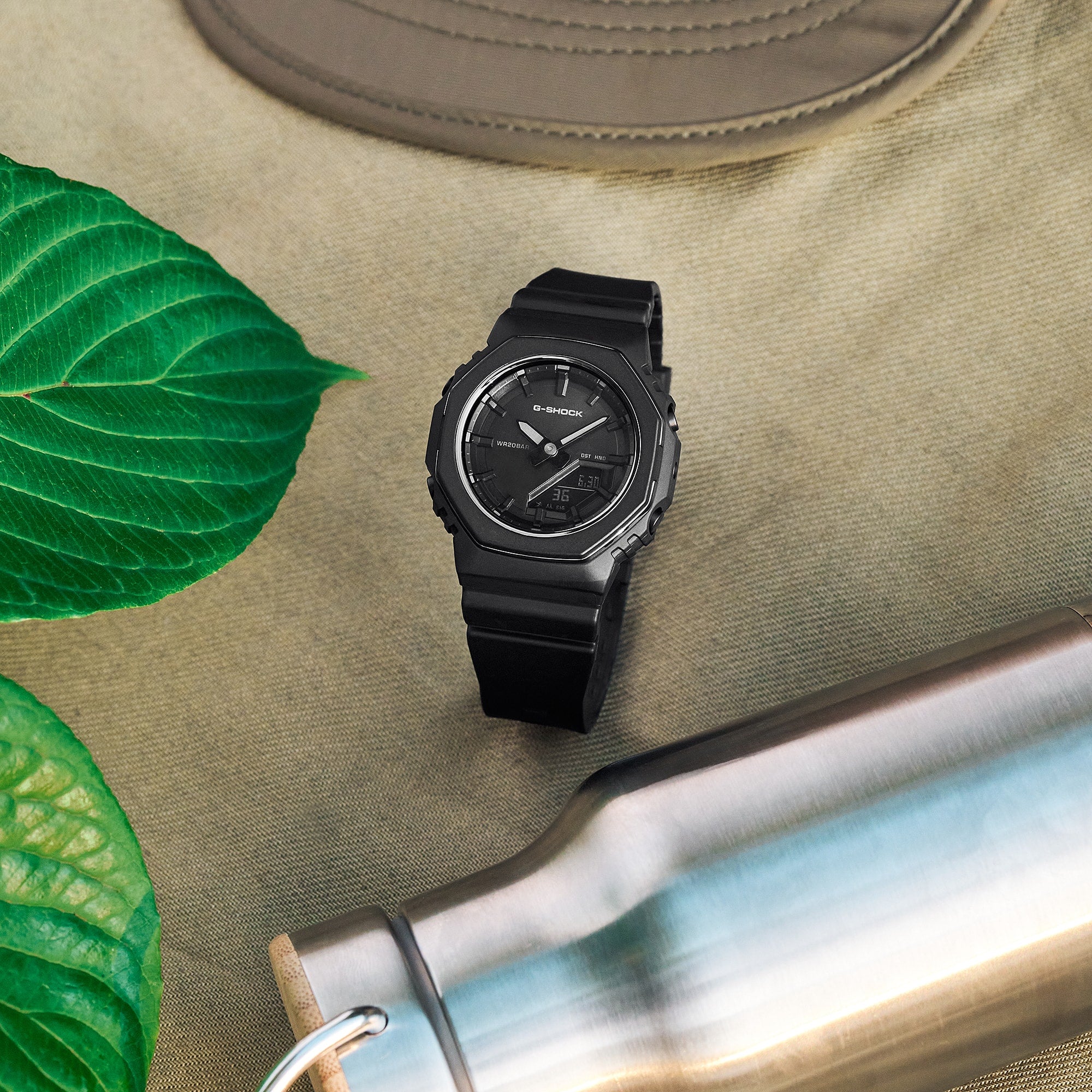 G-Shock GMAP2110B-1A black resin watch shown at an angle