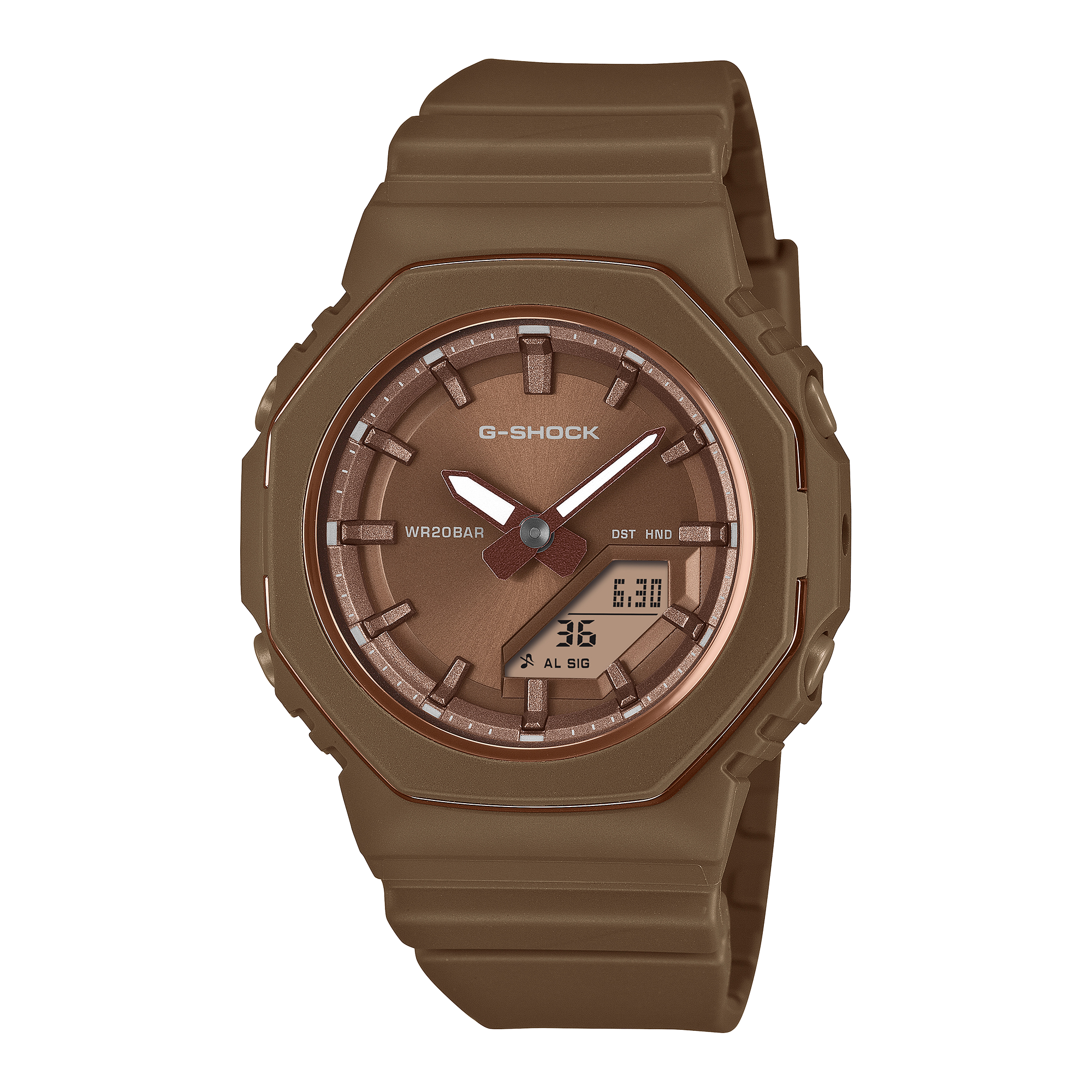 G-Shock GMAP2110B-5A brown analogue-digital watch with metallic bezel rings and brown resin band