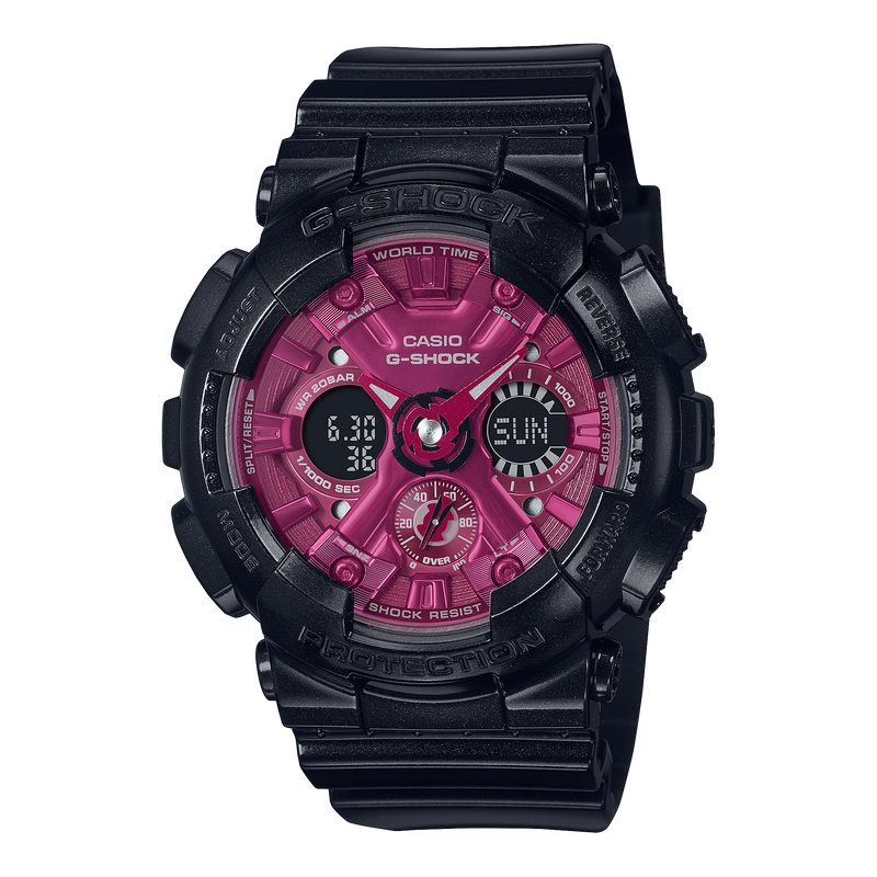 G Shock Analog Digital Pink Dial Black Resin Band Watch GMAS120RB 1A Watch Direct