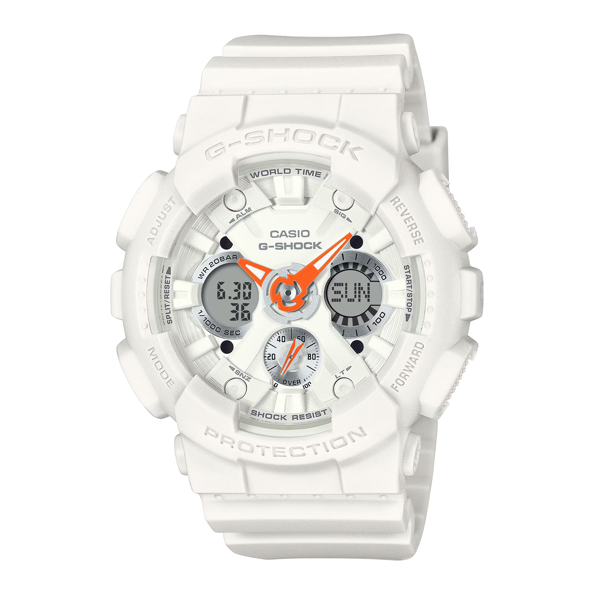 G-Shock Analog Digital White Resin Band Orange Hands Watch GMA-S120SA-7A1