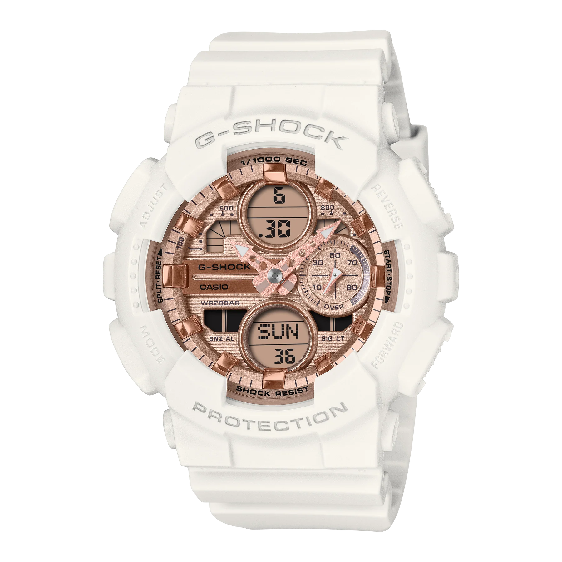 G-Shock Analog Digital Mid Size White Resin Band Metallic Pink Dial Watch GMAS140PG-7A