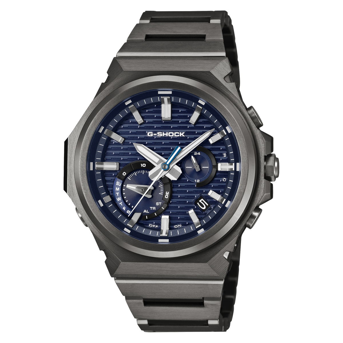 G-Shock G-STEEL wristwatch with a blue dial and black ion-plated stainless steel bracelet.