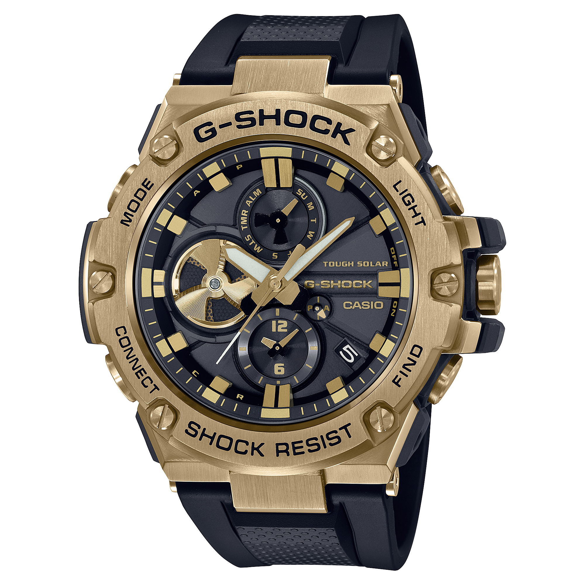 Gold and black G-Shock wristwatch with a chronograph dial and rugged design.
