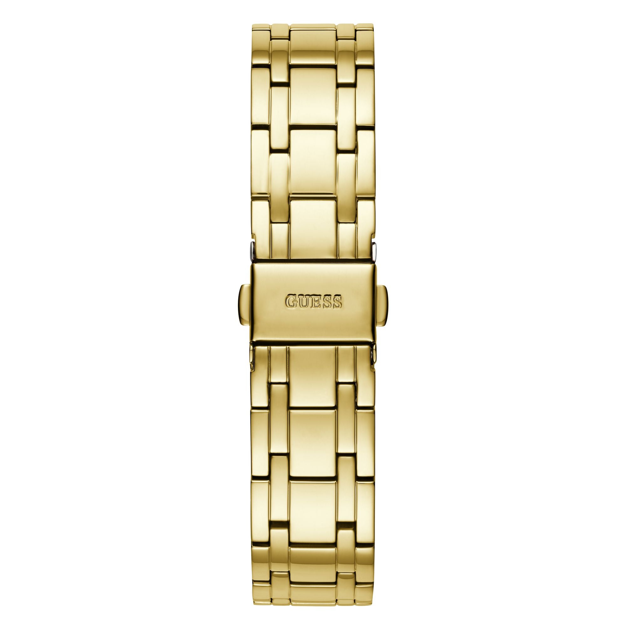 Gold bracelet detail of the GUESS Green Cosmo Crystal Watch GW0033L8, featuring a sleek design with a branded clasp.