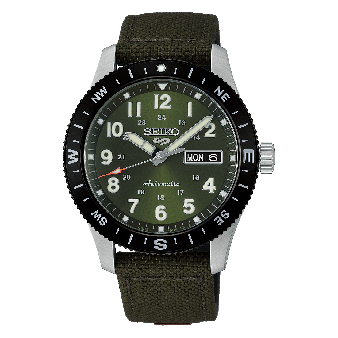 Seiko 5 Sports Field wristwatch with a khaki green dial and green nylon strap.