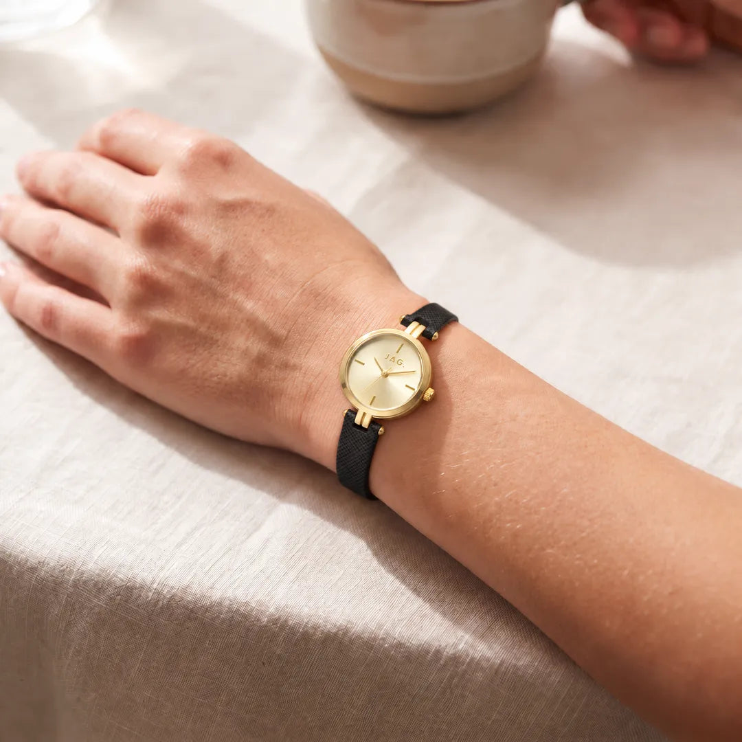 Jag Freya Gold Dial Black Leather Womens Watch J3090 worn on the wrist