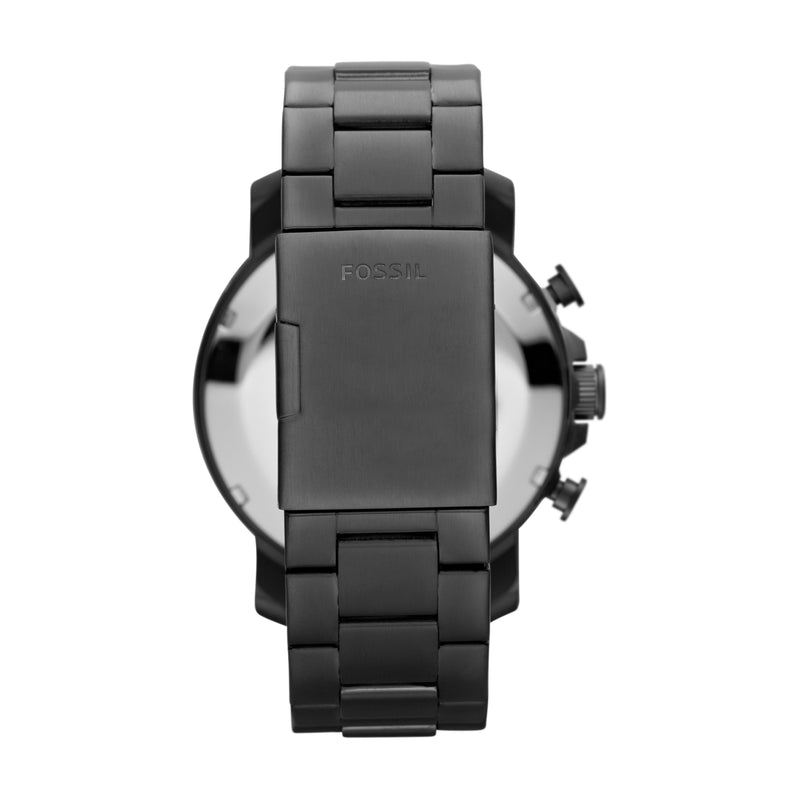 Black metal wristwatch with a round face and linked bracelet band.